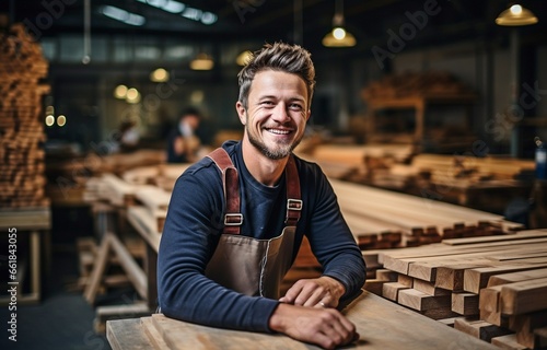 a skilled and confident woodworker. A young man is at a factory. competent carpenter.