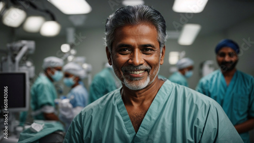 Dottore di origini indiane di mezza età in ospedale in sala operatoria con camice