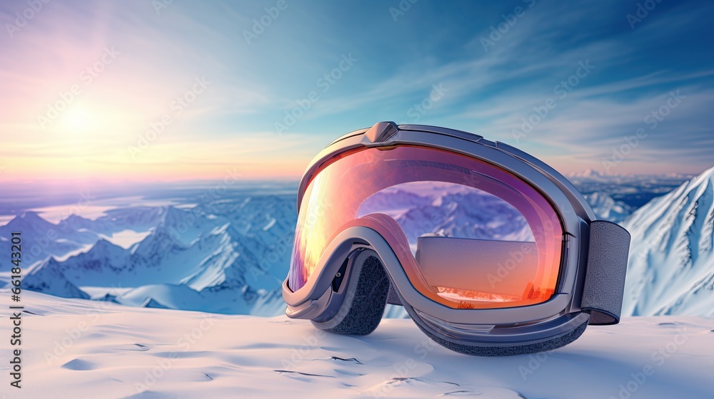 goggles sitting on top of mountain with background - obrazy, fototapety, plakaty 