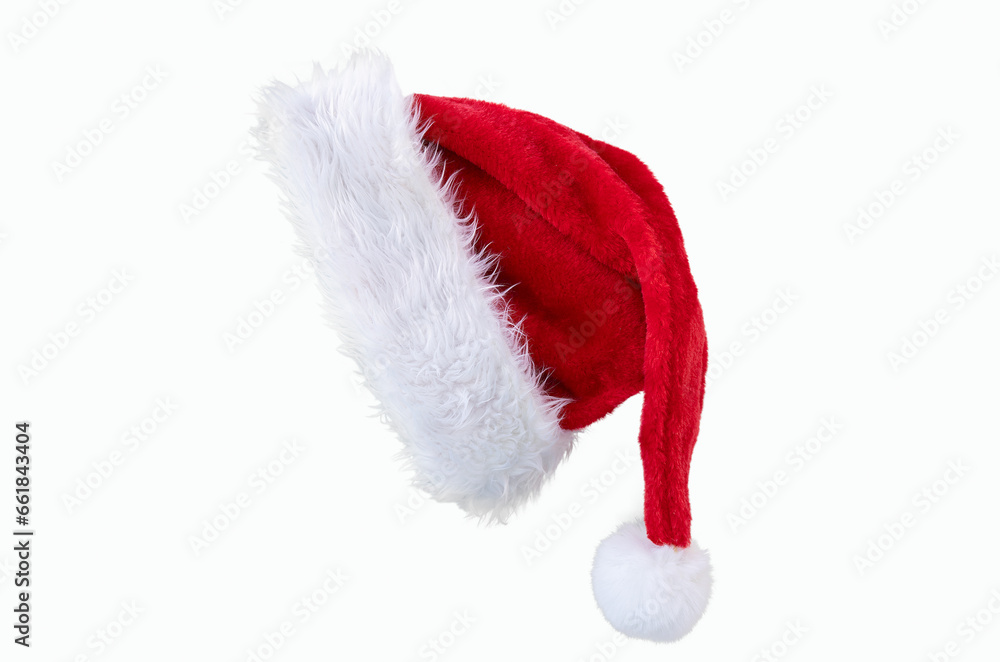 Close-up of Santa hat isolated on a white background. Close-up of Santa hat isolated on a white background.