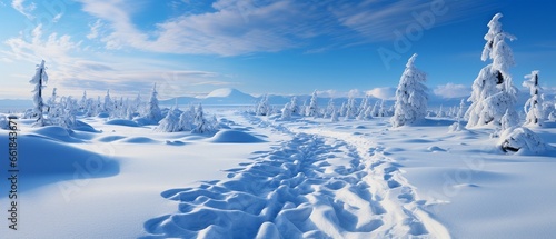 heading into the distance, fresh snowshoe prints.