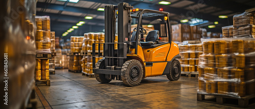Working a forklift in a brewery warehouse that houses commercial spaces used to store beer kegs. Logistics concepts. © tongpatong