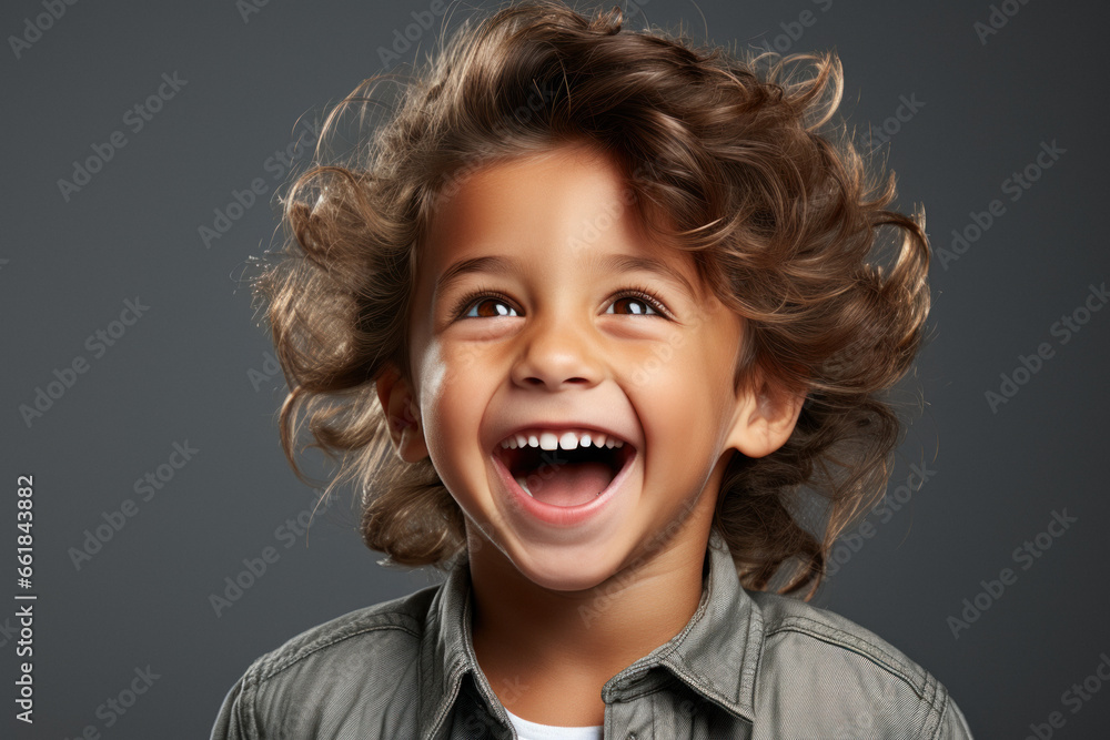 Happy Caucasian little preschool boy in casual clothes on grey background Happy Caucasian little preschool boy in casual clothes on grey background