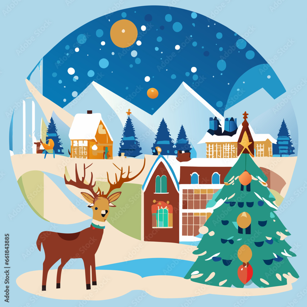 deer and christmas tree in winter illustration