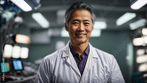 Dottore di origini giapponesi di mezza età in ospedale in sala operatoria con camice