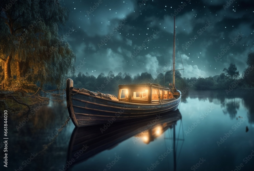 wooden boat on the river with the beauty of the night sky. ai generative wooden boat on the river with the beauty of the night sky. ai generative
