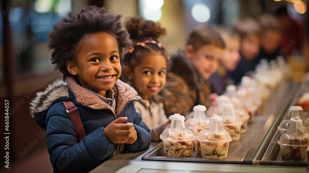 Children in queue steal from the restaurant employee's food. Children in queue steal from the restaurant employee's food.