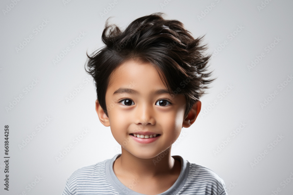 Happy asian little preschool boy in casual clothes on white background