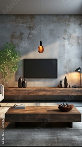 a modern loft-style living area featuring a led television mounted on a concrete wall and a wooden table.