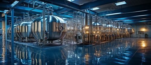 Modern beer factories often have stainless steel pipes and big reservoirs or tanks. Concept for a Brewery. © tongpatong