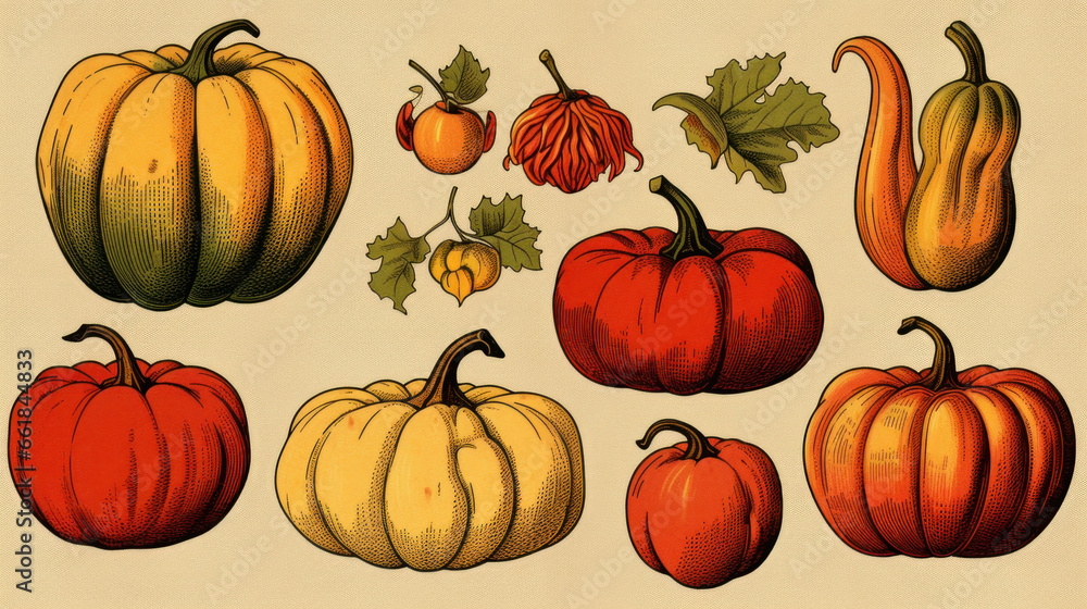 Illustration of a group of pumpkins in red tones Illustration of a group of pumpkins in red tones