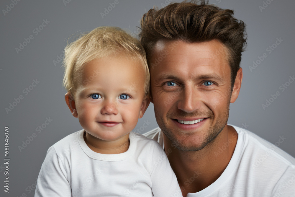 Family with dad holding in arms little son in casual clothes on gray background Family with dad holding in arms little son in casual clothes on gray background