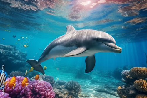 Dolphin underwater. Background with selective focus and copy space © top images