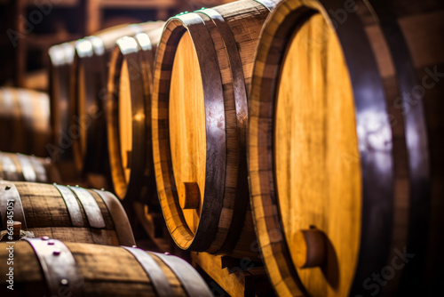 Row of Wine Barrels in an Indoor Cellar. Background with selective focus and copy space