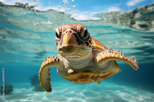 Turtle underwater. Background with selective focus and copy space