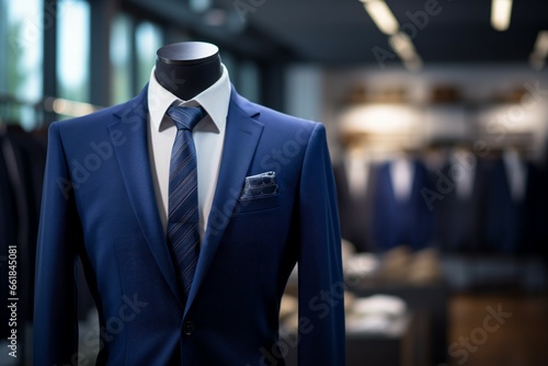 Mannequin in the show room, suits atelier concept. Background with selective focus and copy space photo