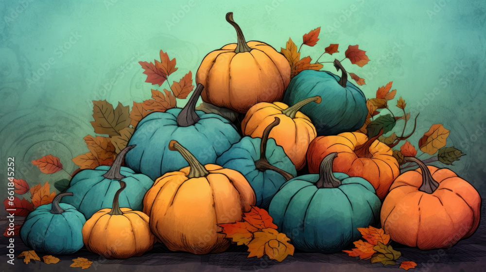 Illustration of a group of pumpkins in turquoise tones Illustration of a group of pumpkins in turquoise tones