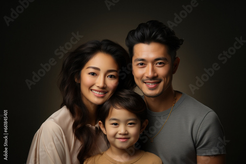 Family with mom, dad and daughter in casual clothes on dark background © sofiko14