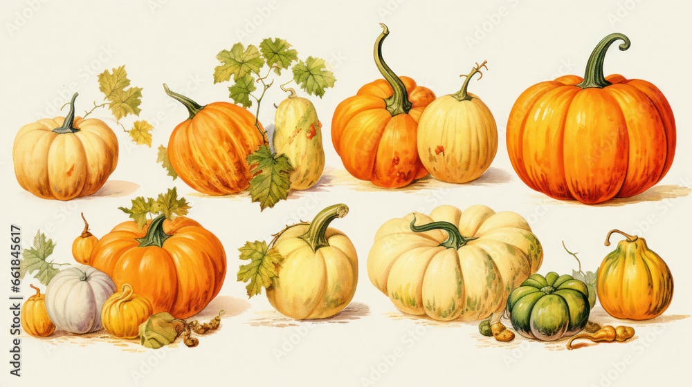 Illustration of a group of pumpkins in light orange tones Illustration of a group of pumpkins in light orange tones