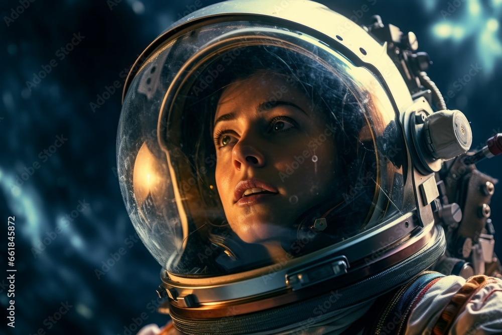 Cosmonaut or astronaut. Portrait of a spaceman with selective focus and copy space Cosmonaut or astronaut. Portrait of a spaceman with selective focus and copy space
