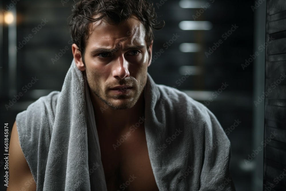 A man gets out of the shower. Portrait with selective focus and copy space A man gets out of the shower. Portrait with selective focus and copy space