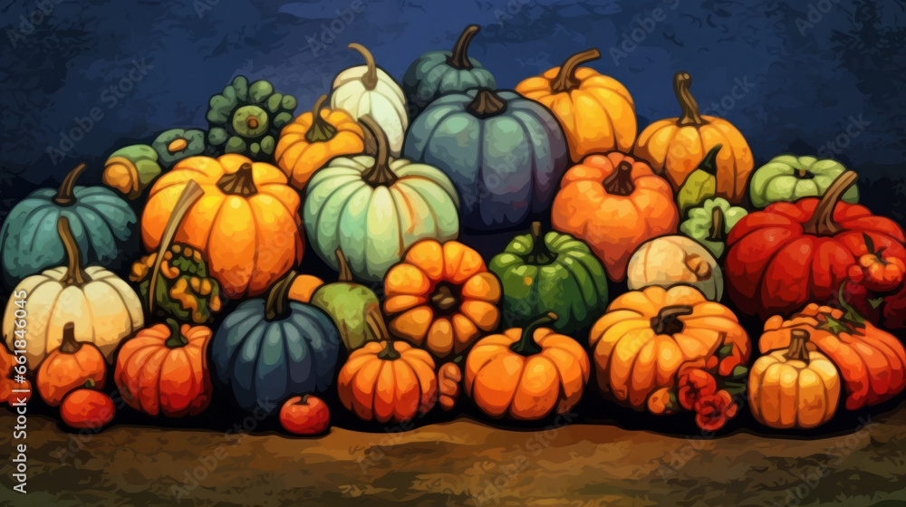 Illustration of a group of pumpkins in colorful tones Illustration of a group of pumpkins in colorful tones