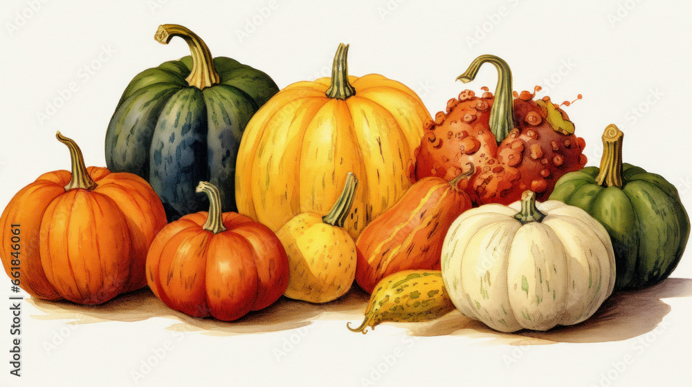 Illustration of a group of pumpkins in colorful tones Illustration of a group of pumpkins in colorful tones