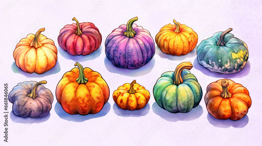 Illustration of a group of pumpkins in colorful tones Illustration of a group of pumpkins in colorful tones