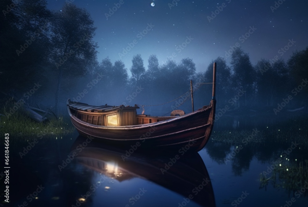 wooden boat on the river with the beauty of the night sky. ai generative