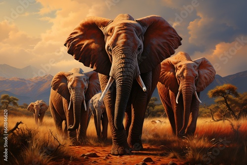 Elephants in the savannah at sunset, 3d render © shehbaz