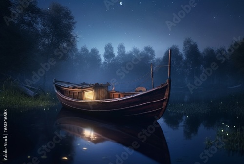 wooden boat on the river with the beauty of the night sky. ai generative