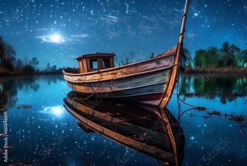 wooden boat on the river with the beauty of the night sky. ai generative