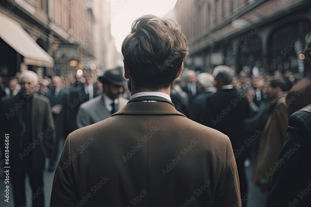 Fototapeta premium Confident businessman in urban hustle. Corporate success. Young entrepreneur on move. Business world. Modern professional view