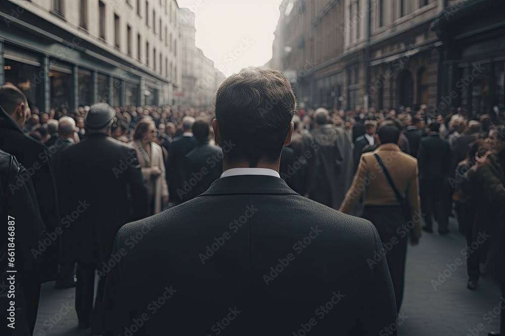 Fototapeta premium Confident businessman in urban hustle. Corporate success. Young entrepreneur on move. Business world. Modern professional view