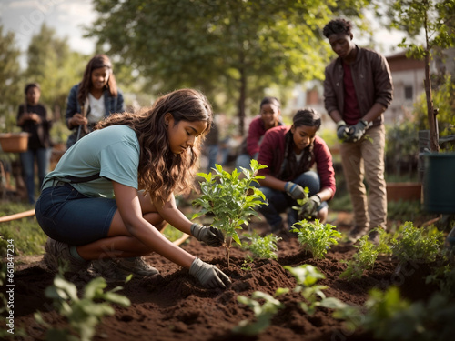 Multiracial, diverse group of young people planting fruit trees in community garden. Ecology activists, volunteers doing charity work. Environment activism and earth day concept.