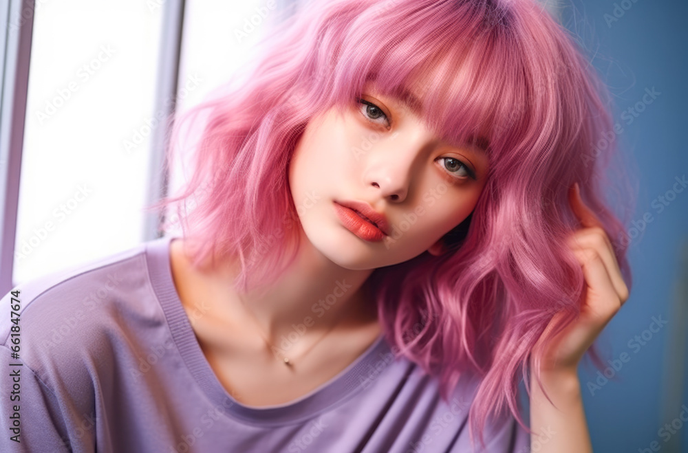 Fototapeta premium Portrait of a young Korean woman with a wig