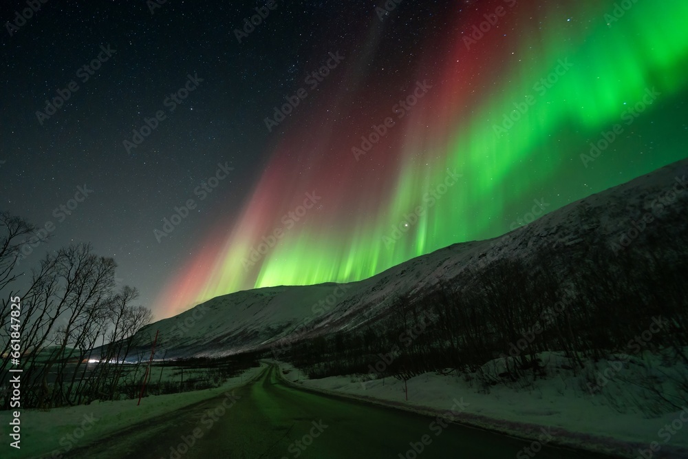 Rare red northern lights, Red Aurora Borealis. High quality photo