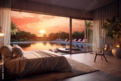 luxury bedroom with views of the pool and sunset in the evening. ai generative
