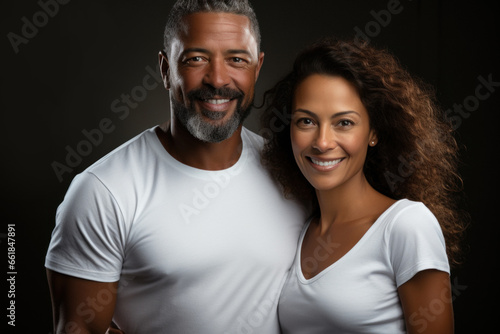 Portrait of a senior African couple in casual clothes on dark gray background © sofiko14