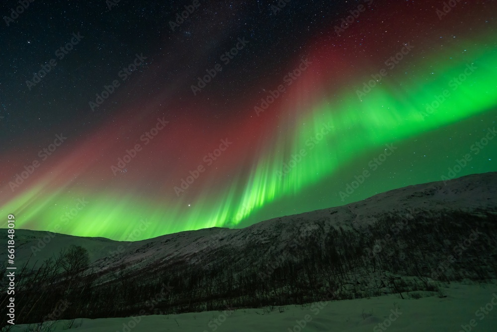 Rare red northern lights, Red Aurora Borealis. High quality photo