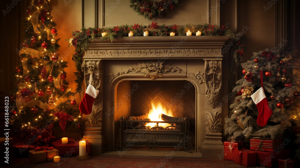 christmas evening, interior of decorated room and fireplace for the holiday christmas evening, interior of decorated room and fireplace for the holiday