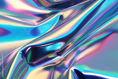 Iridescent holographic foil, metallic texture, ultraviolet waves wallpaper, flowing ripples, liquid metal surface