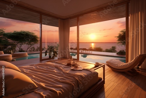 luxury bedroom with views of the pool and sunset in the evening. ai generative © LivroomStudio