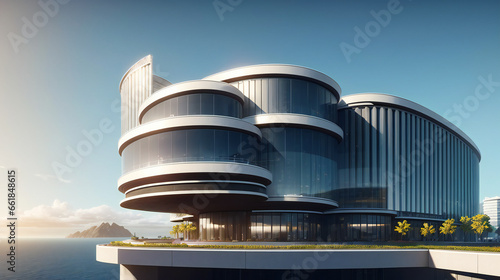 futuristic building with cylindrical facade geometry