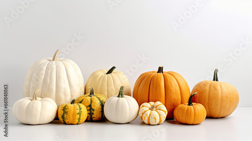 A group of pumpkins on a white background or wallpaper