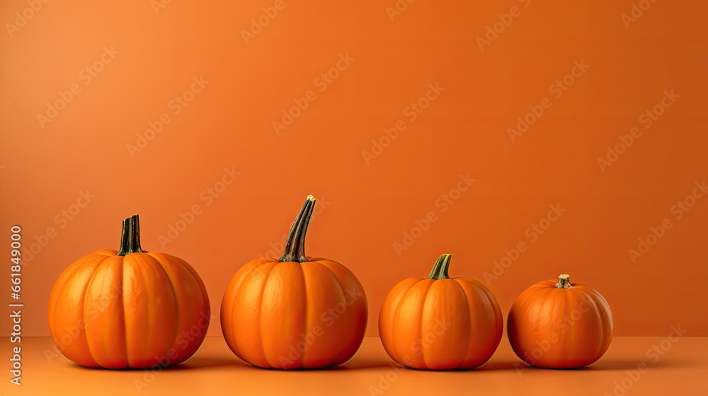 A group of pumpkins on a orange background or wallpaper A group of pumpkins on a orange background or wallpaper