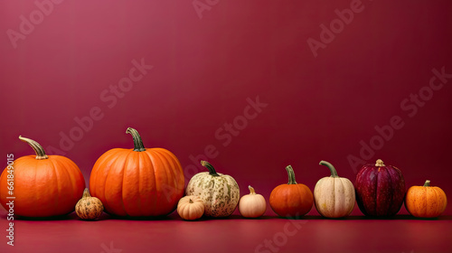 A group of pumpkins on a maroon background or wallpaper