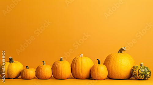 A group of pumpkins on a yellow background or wallpaper
