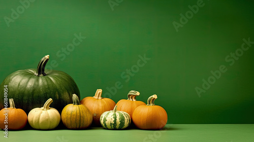 A group of pumpkins on a green background or wallpaper