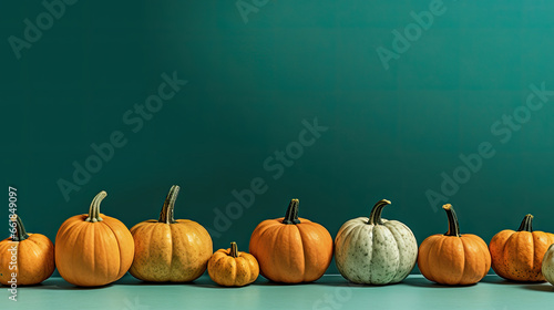 A group of pumpkins on a teal background or wallpaper